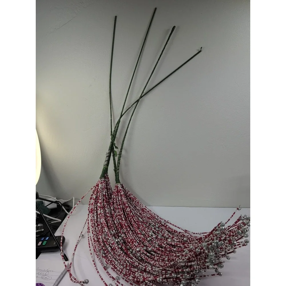 4 RED & WHITE BEADED‎ BELL PICKS WIRED STEM for WREATH VASE TREE DECORATION